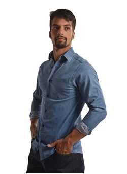 Camisa Jeans Com Elastano Manga longa Azul Plácido