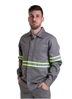 Camisa Profissional Modelo Aberto Manga Longa com Faixa Refletiva e Sitel Neon Cinza